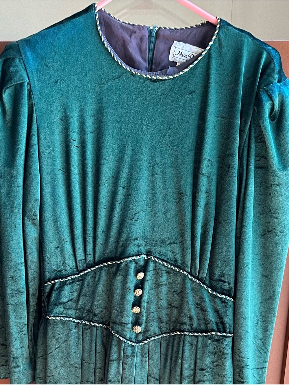 Christmas Green/Gold Velvet Long-Sleeve Dress with Decorative Buttons